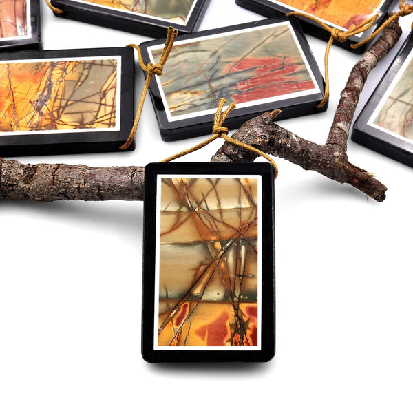 Large Intarsia Pendant Natural Red Creek Jasper W Black Onyx Inlay Frame Side Drilled Long Rectangle Pendant A3