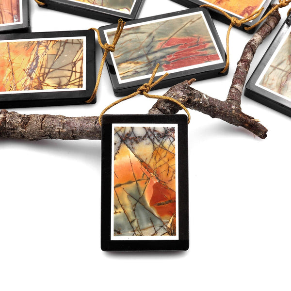 Large Intarsia Pendant Natural Red Creek Jasper W Black Onyx Inlay Frame Side Drilled Long Rectangle Pendant A6