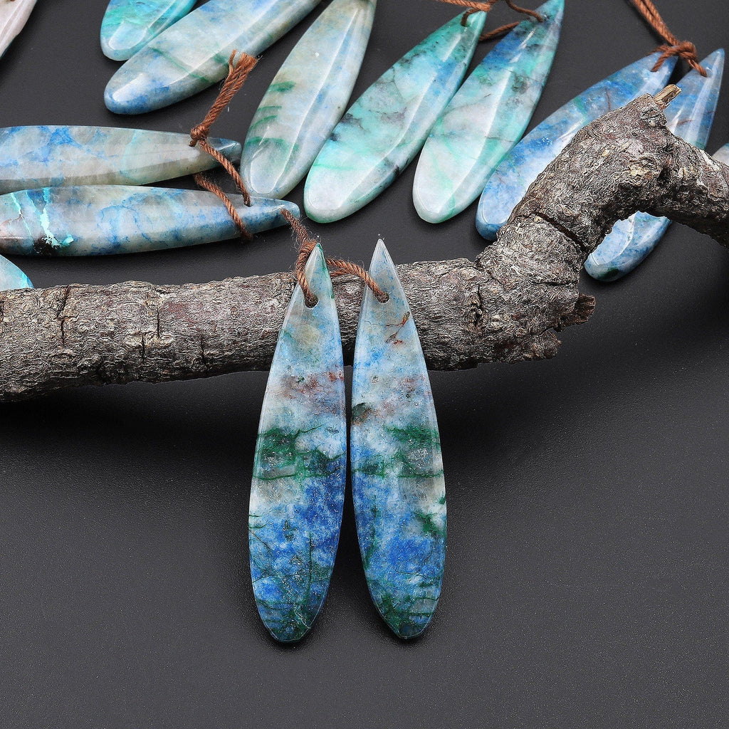 Drilled Chrysocolla in Quartz Teardrop Earring Pair Matched Teardrop Cabochon Gemstone Beads A5