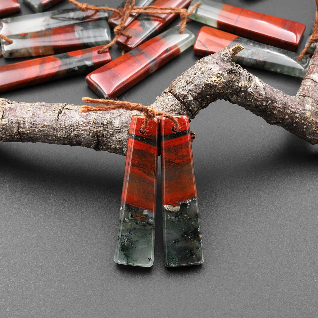 Natural African Bloodstone Trapezoid Earring Pair Matched Gemstone Beads A2