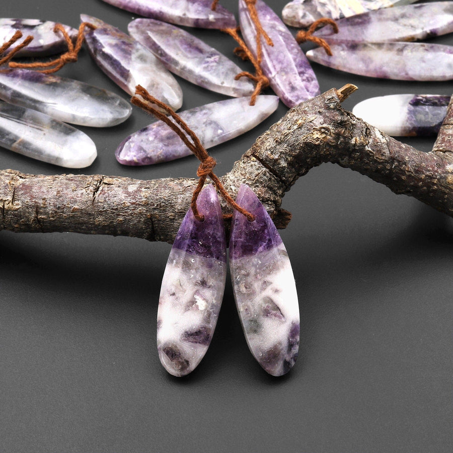 Natural Petrified Purple Opal Earring Pair Matched Teardrop Gemstone Beads A3