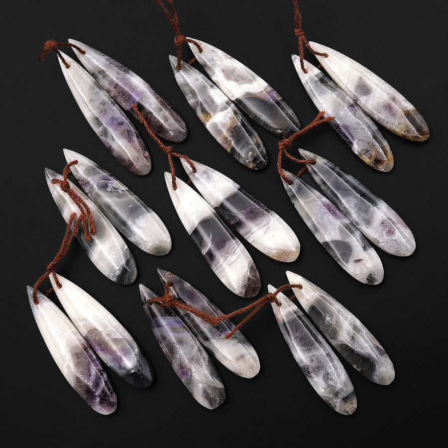 Natural Petrified Purple Opal Earring Pair Matched Long Teardrop Gemstone Beads