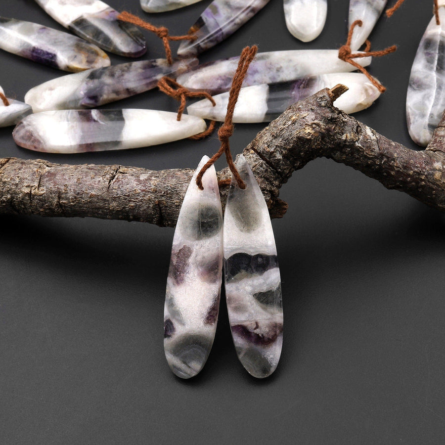 Natural Petrified Purple Opal Earring Pair Matched Long Teardrop Gemstone Beads