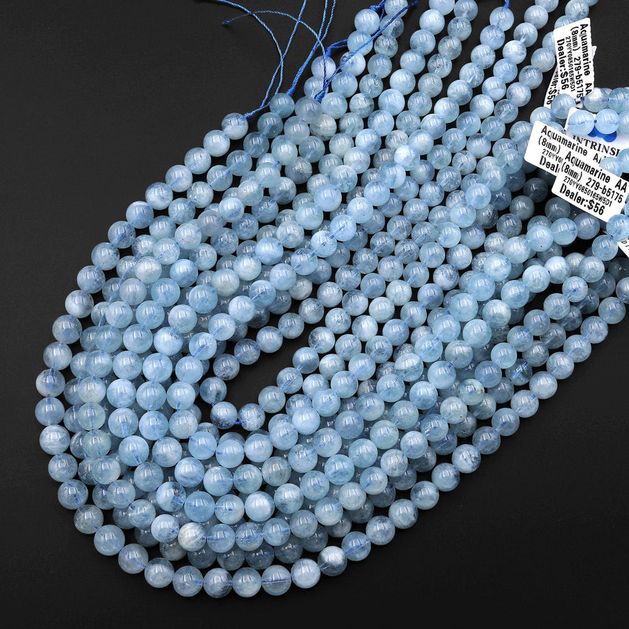 Translucent Natural Blue Aquamarine 3mm 4mm 6mm 8mm 10mm Smooth Round Beads Real Genuine Gemstone Birthstone 15.5" Strand