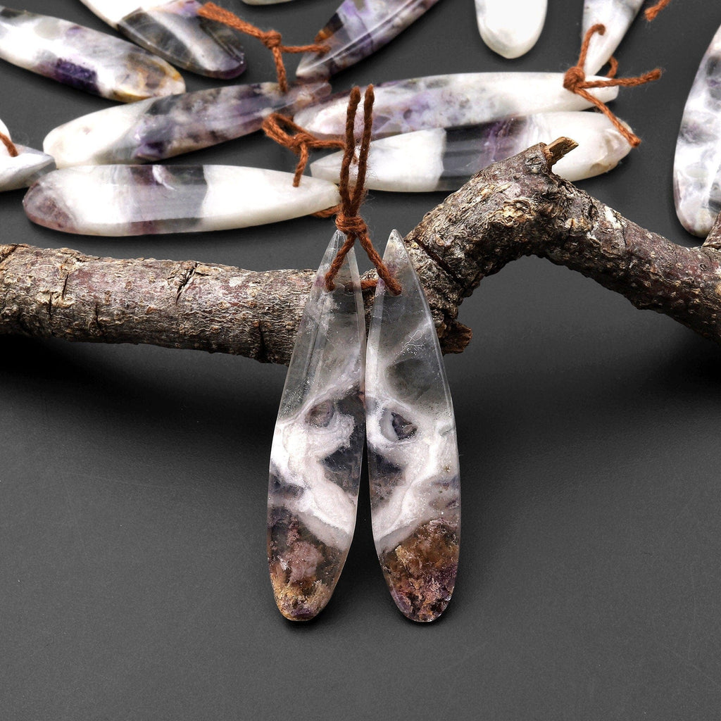 Natural Petrified Purple Opal Earring Pair Matched Long Teardrop Gemstone Beads A2