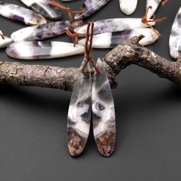 Natural Petrified Purple Opal Earring Pair Matched Long Teardrop Gemstone Beads A2