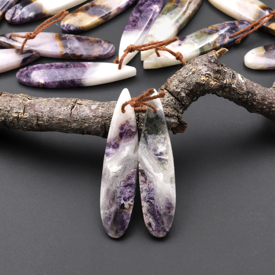 Natural Petrified Purple Opal Earring Matched Thin Teardrop Drilled Gemstone Pair