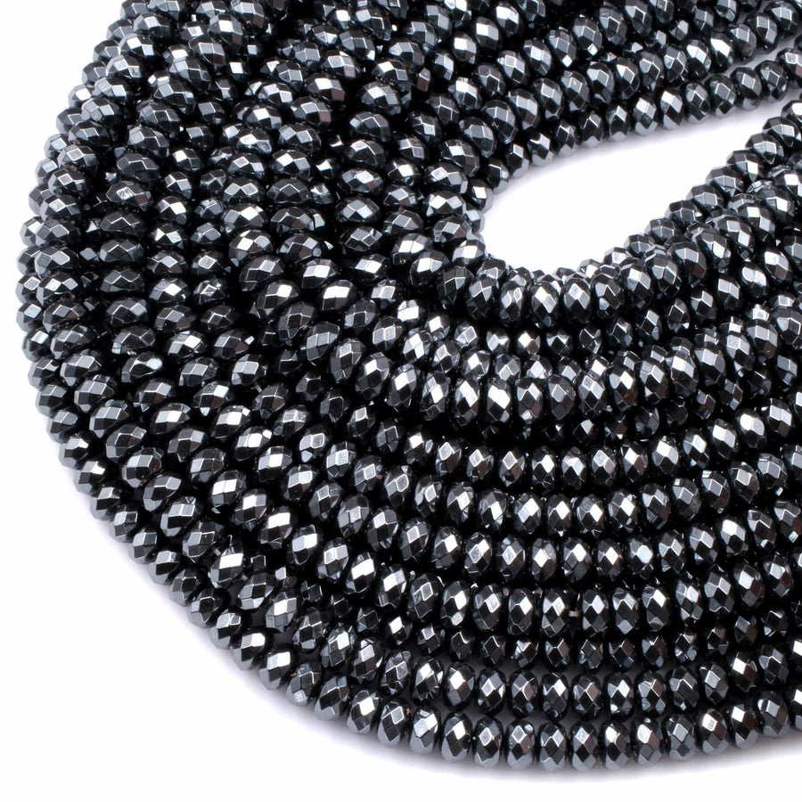 Faceted Hematite Rondelle beads 3mm 4mm 6mm 8mm Diamond Micro Cut Sparkling Natural Black Gemstone 15.5" Strand