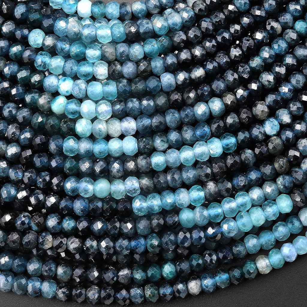 Natural Paraiba Blue Tourmaline Faceted 3mm 4mm Rondelle Beads Micro Diamond Cut Indicolite Gemstone 15.5" Strand