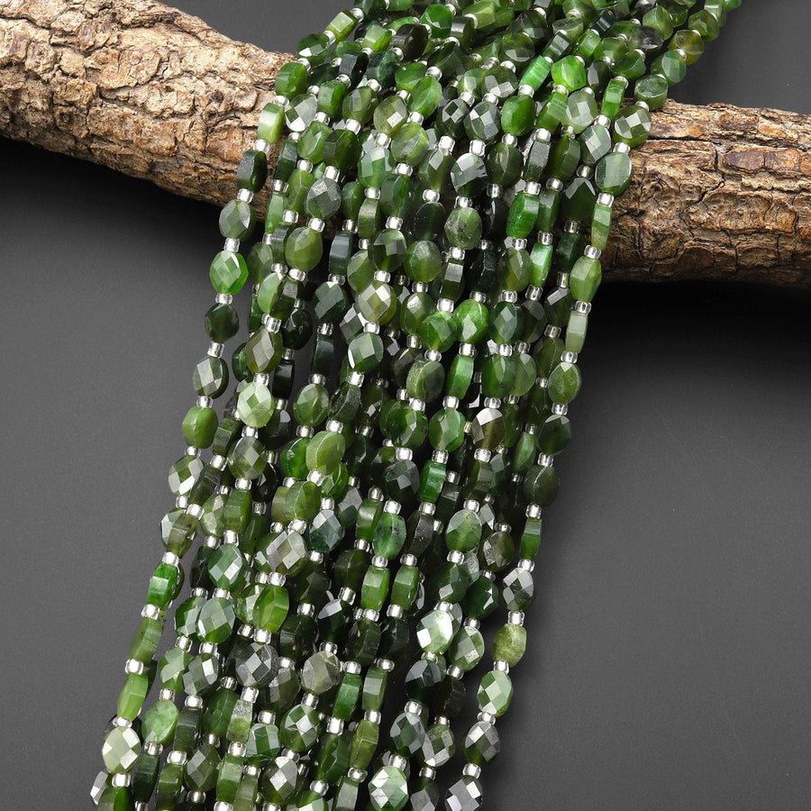 Natural Canadian Green Jade Faceted Oval Beads Gemstone 15.5" Strand