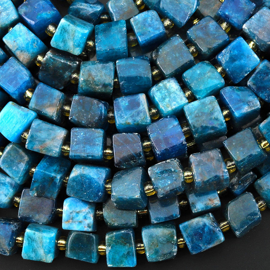 Natural Blue Apatite 7mm 8mm Cube Beads 15.5" Strand