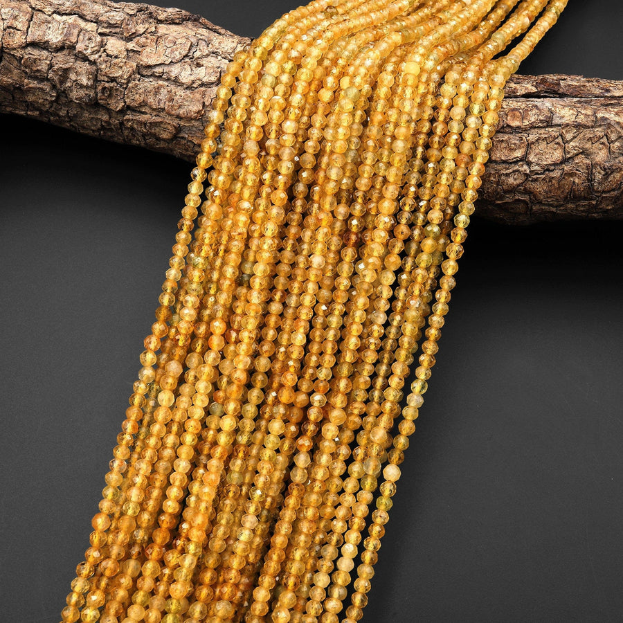 AAA Natural Golden Yellow Tourmaline Faceted 4mm Round Beads Micro Diamond Cut Gemstone 15.5" Strand