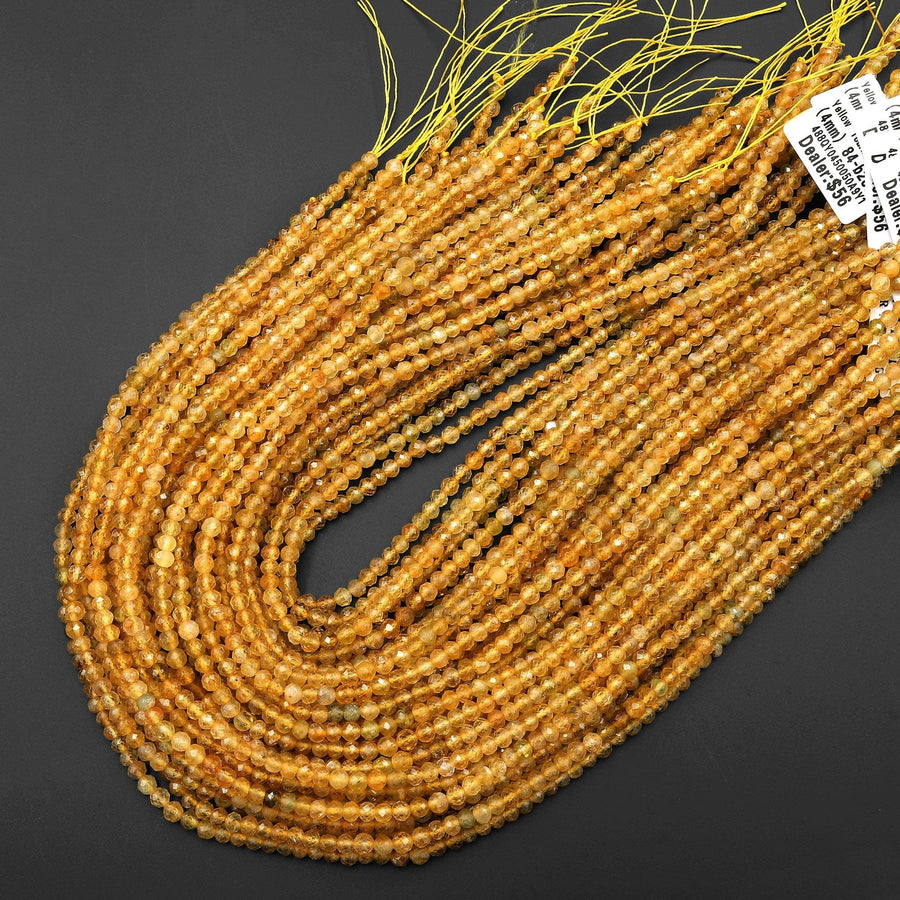 AAA Natural Golden Yellow Tourmaline Faceted 4mm Round Beads Micro Diamond Cut Gemstone 15.5" Strand