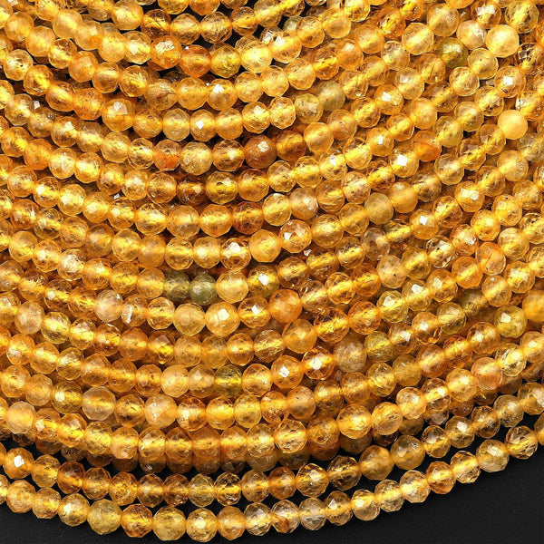 AAA Natural Golden Yellow Tourmaline Faceted 4mm Round Beads Micro Diamond Cut Gemstone 15.5" Strand