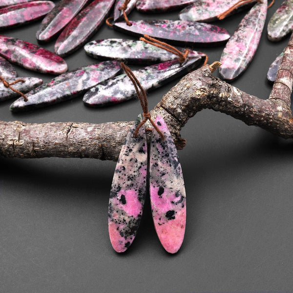 Rare Natural Pink Cobalto Calcite Black Heterogenite Teardrop Drilled Matched Gemstone Earring Bead Pair A1