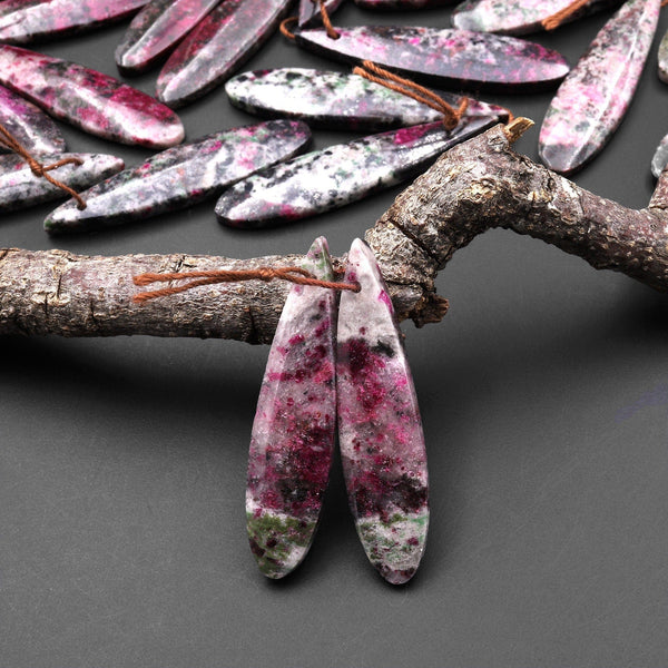Rare Natural Pink Cobalto Calcite Green Malachite Black Heterogenite Teardrop Drilled Matched Gemstone Earring Bead Pair A3