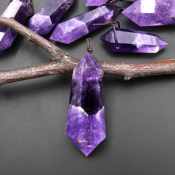 Rare AAA Natural 2-Tone Purple Amethyst Pendant Double Terminated Point Top Side Drilled Gemstone Crystal A2