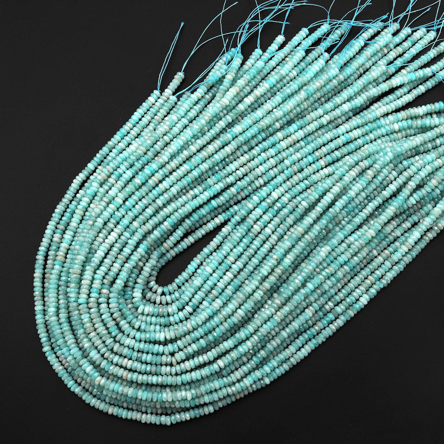 Natural Peruvian Amazonite 4mm Faceted Thin Rondelle Beads Aqua Blue Gemstone 15.5" Strand