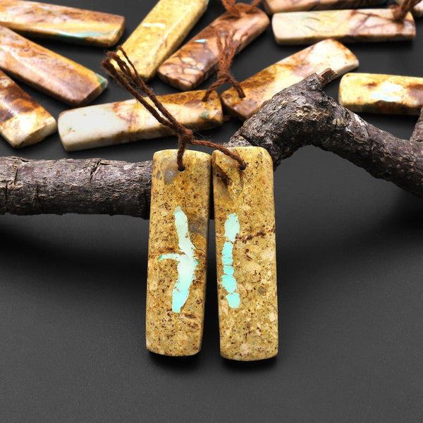 Genuine Natural Turquoise From Royston Nevada Rectangle Earring Pair Drilled Matched Gemstone Beads A2