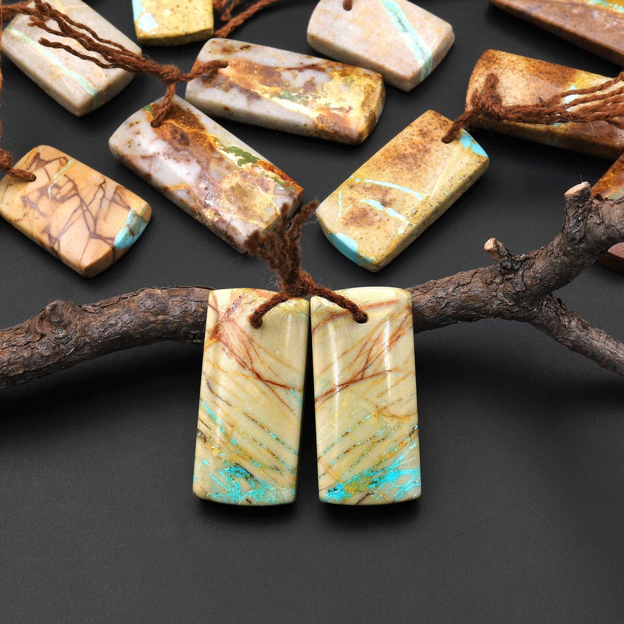 Genuine Natural Royston American Turquoise Short Rectangle Earring Pair Drilled Matched Gemstone Beads