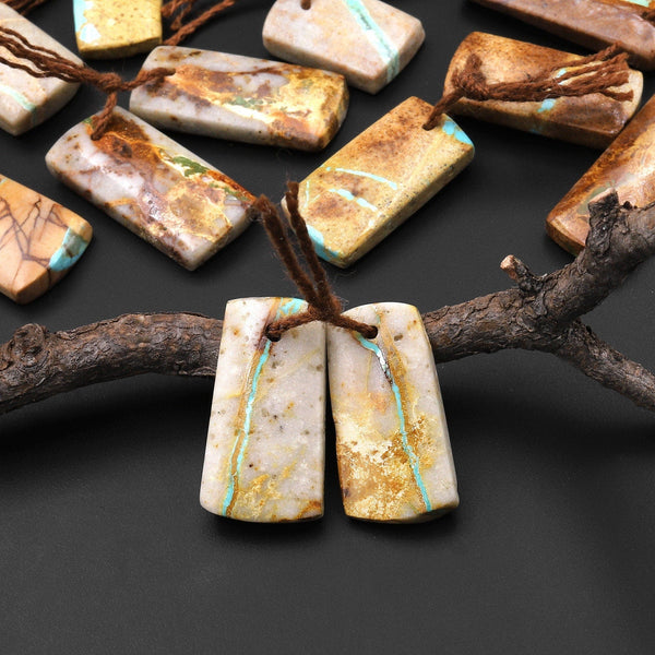 Genuine Natural Royston American Turquoise Short Rectangle Earring Pair Drilled Matched Gemstone Beads A5