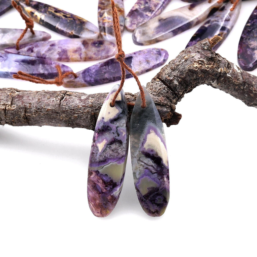 Natural African Petrified Purple Opal Earring Pair Matched Teardrop Gemstone Beads