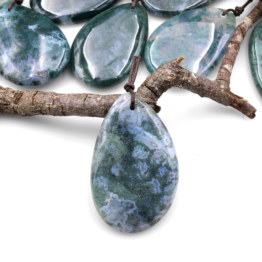 Natural Green Moss Agate Freeform Teardrop Pendant Gemstone Focal Bead