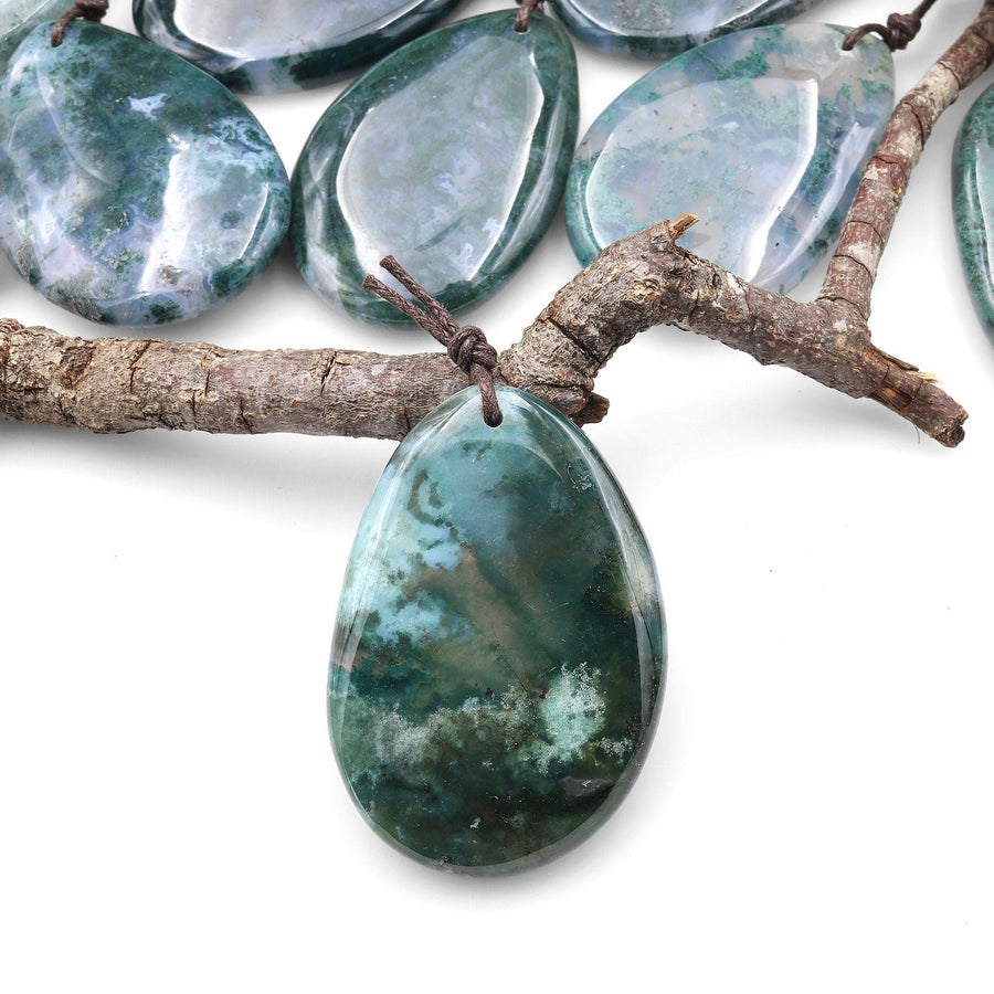 Natural Green Moss Agate Freeform Teardrop Pendant Gemstone Focal Bead