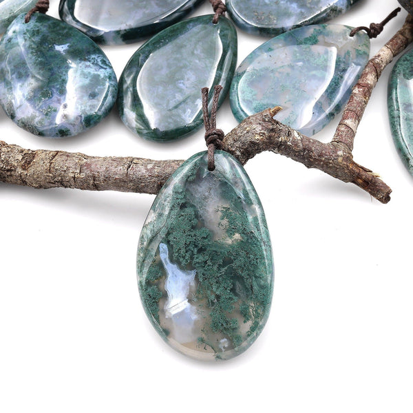 Natural Green Moss Agate Freeform Teardrop Pendant Gemstone Focal Bead A1