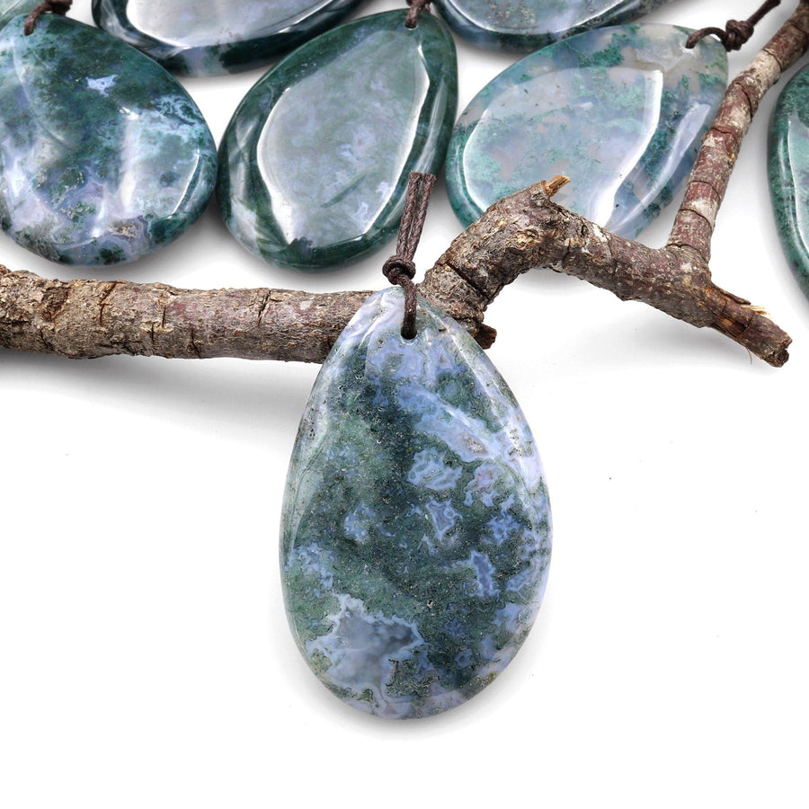 Natural Green Moss Agate Freeform Teardrop Pendant Gemstone Focal Bead A3