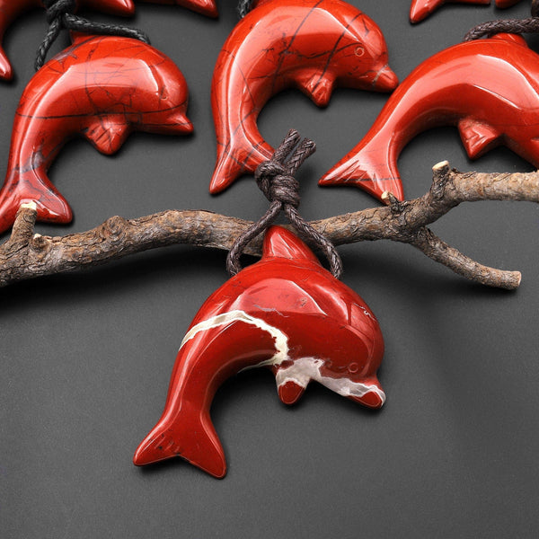 AAA Natural Red Jasper Dolphin Carved Gemstone Side Drilled Pendant A1