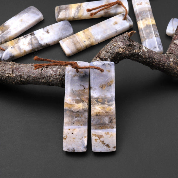 Picturesque Natural Amethyst Sage Chalcedony From Oregon Matched Rectangle Gemstone Earring Pair A3