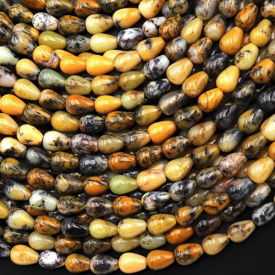 Natural African Yellow Dendritic Opal Beads Small Smooth Teardrop Briolette Vertically Drilled 15.5" Strand