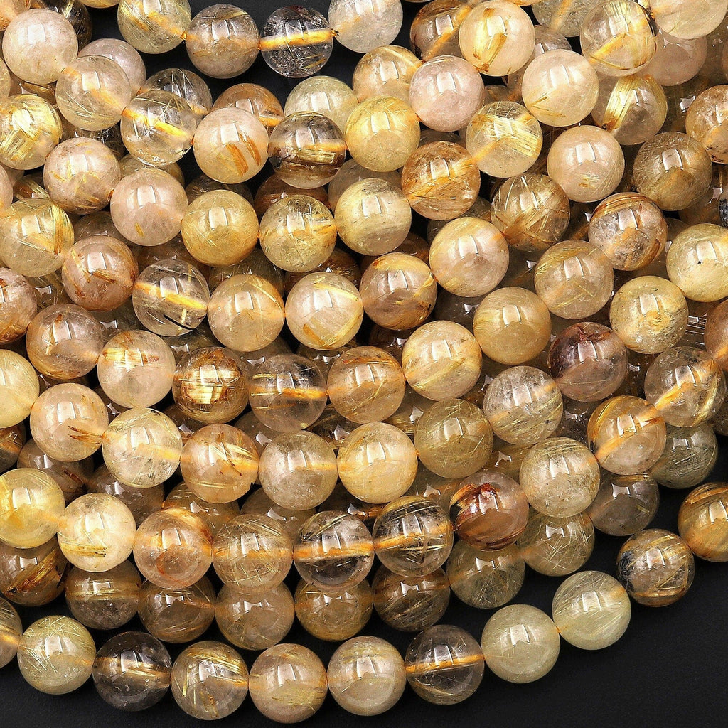 Natural Golden Rutile Quartz 6mm 8mm 10mm Round Beads Tons of Sharp Rutile Hair Needle 15.5" Strand