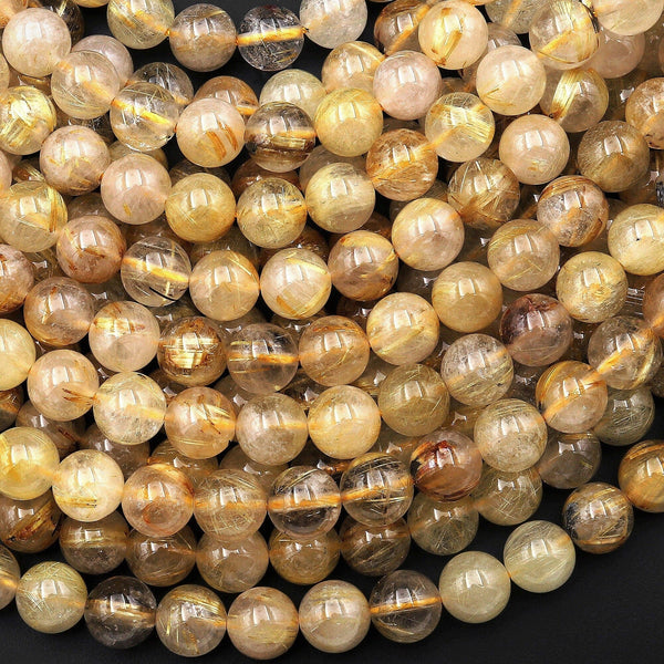 Natural Golden Rutile Quartz 6mm 8mm 10mm Round Beads Tons of Sharp Rutile Hair Needle 15.5" Strand