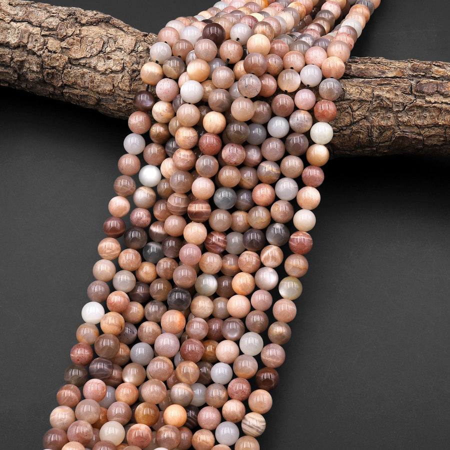 Natural Multicolor Silvery Gray Peach Moonstone 8mm 10mm Smooth Round Beads 15.5" Strand