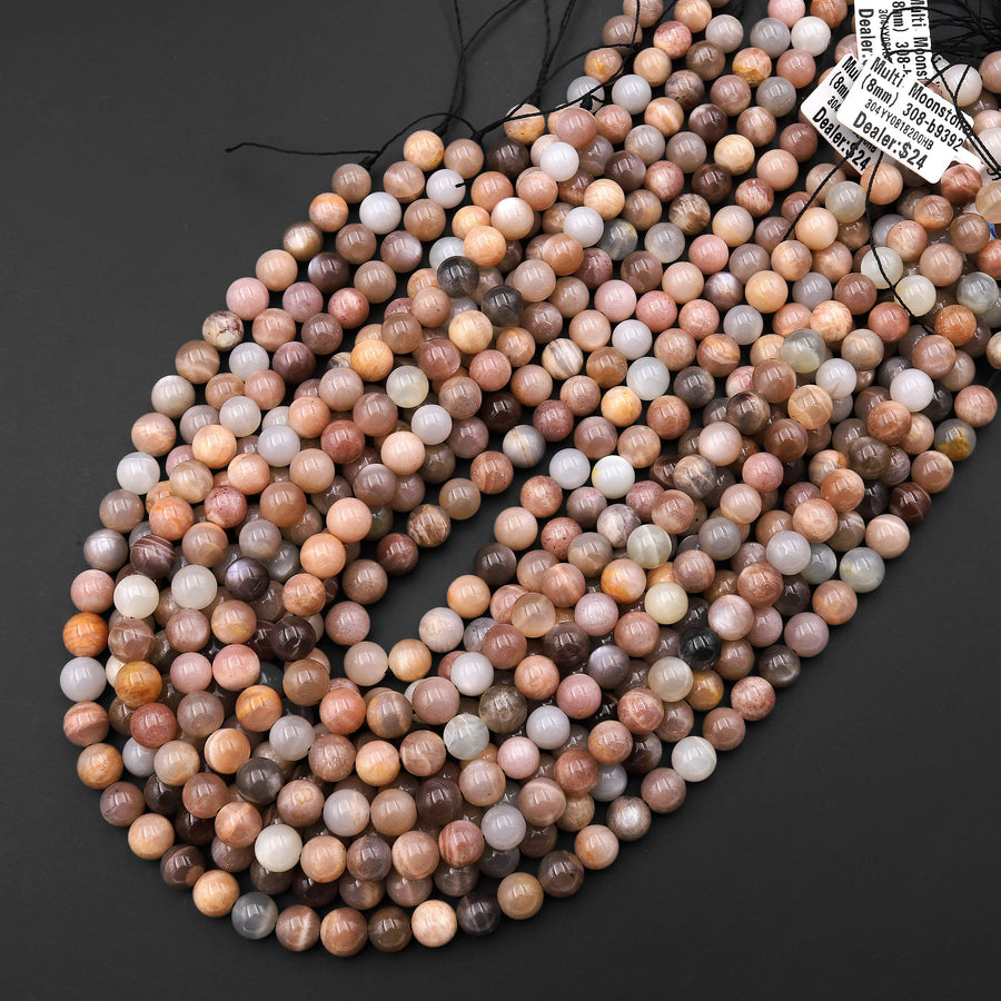 Natural Multicolor Silvery Gray Peach Moonstone 8mm 10mm Smooth Round Beads 15.5" Strand