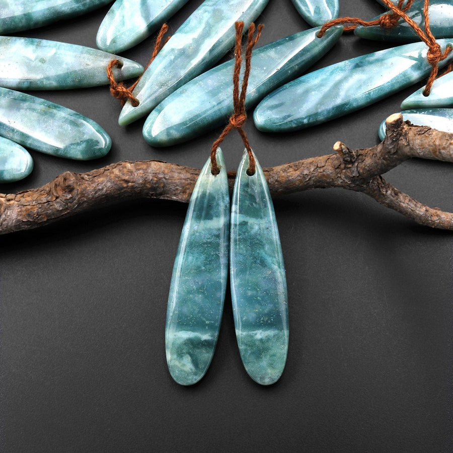 Natural Green Mountain Jade Long Slender Teardrop Earrings Matched Gemstone Bead Pair