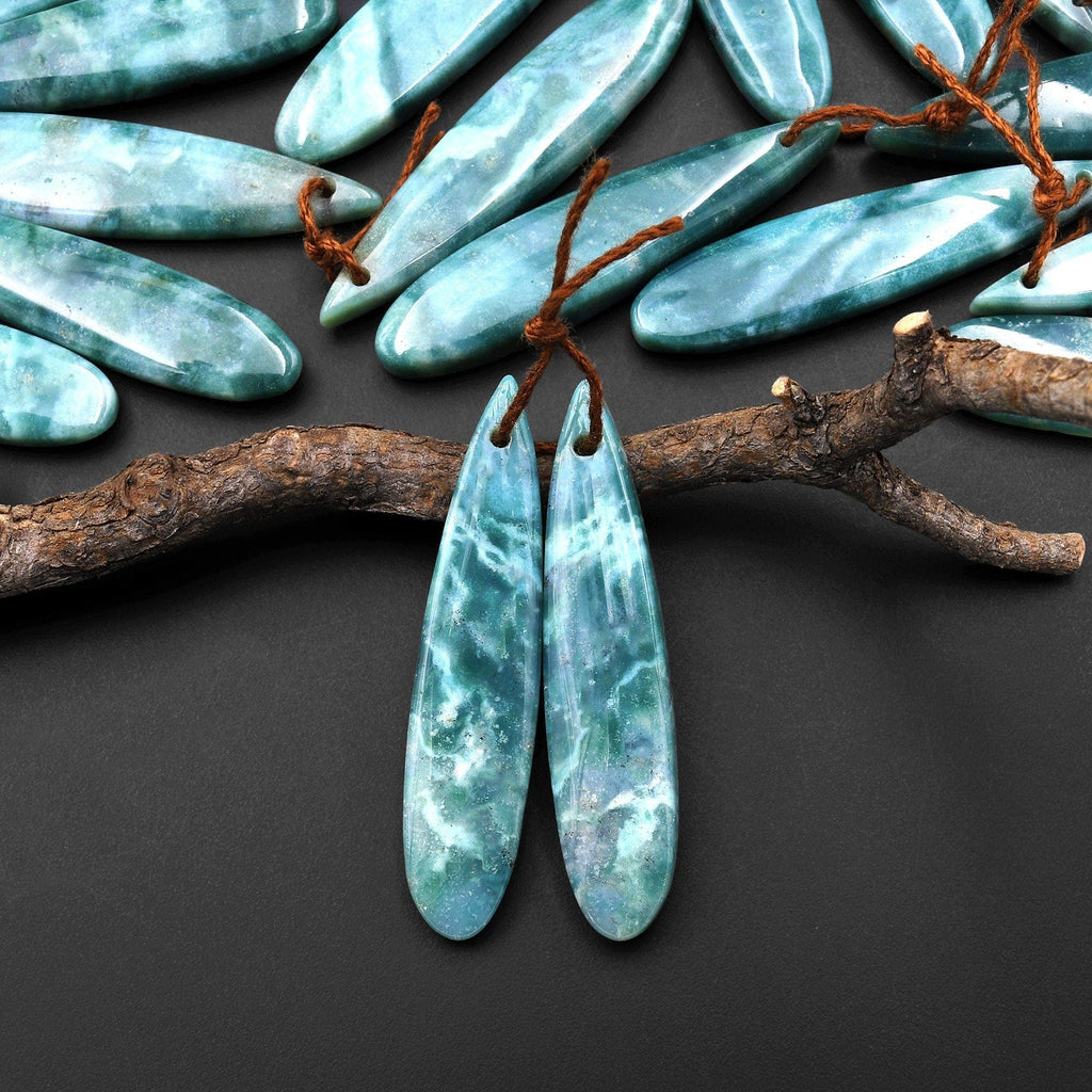 Natural Green Mountain Jade Long Slender Teardrop Earrings Matched Gemstone Bead Pair A33