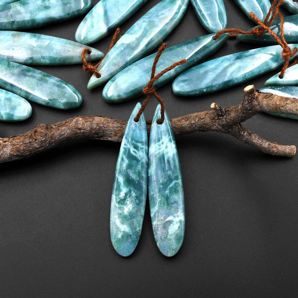 Natural Green Mountain Jade Long Slender Teardrop Earrings Matched Gemstone Bead Pair A33