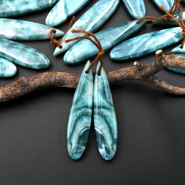 Natural Green Mountain Jade Long Slender Teardrop Earrings Matched Gemstone Bead Pair A44