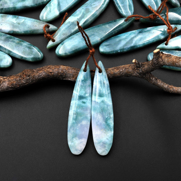 Natural Green Mountain Jade Long Slender Teardrop Earrings Matched Gemstone Bead Pair A55