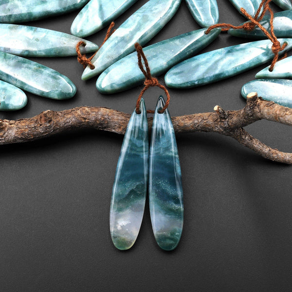 Natural Green Mountain Jade Long Slender Teardrop Earrings Matched Gemstone Bead Pair A88