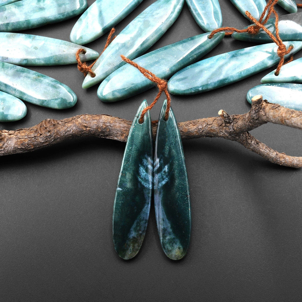 Natural Green Mountain Jade Long Slender Teardrop Earrings Matched Gemstone Bead Pair A99