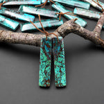 Natural Blue Green Parrot Wing Chrysocolla Rectangle Earrings Matched Gemstone Bead Pair