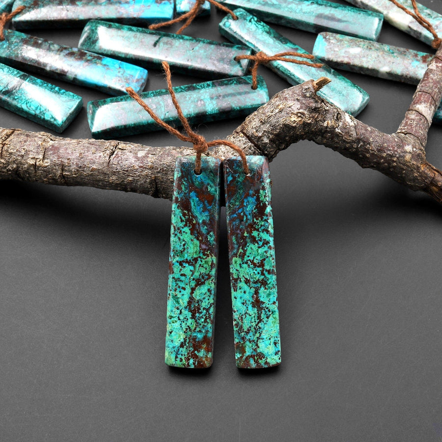 Natural Blue Green Parrot Wing Chrysocolla Rectangle Earrings Matched Gemstone Bead Pair