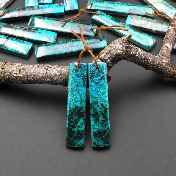 Natural Blue Green Parrot Wing Chrysocolla Rectangle Earrings Matched Gemstone Bead Pair A1