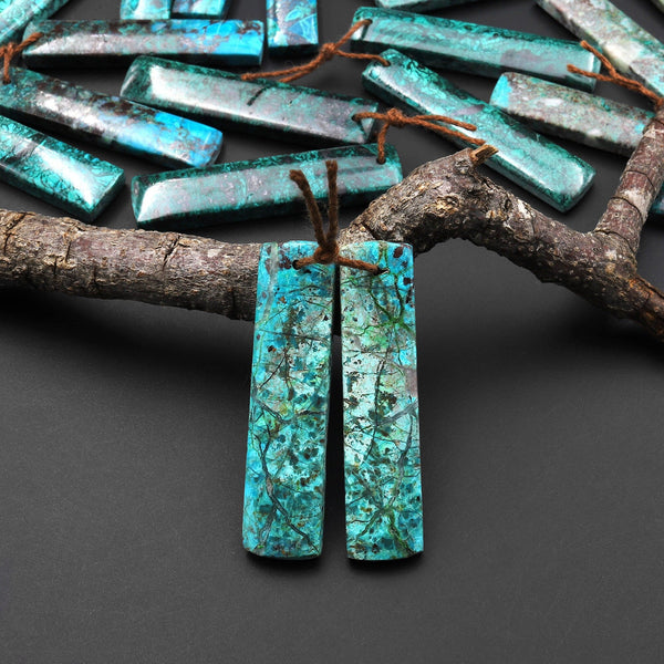 Natural Blue Green Parrot Wing Chrysocolla Rectangle Earrings Matched Gemstone Bead Pair A3