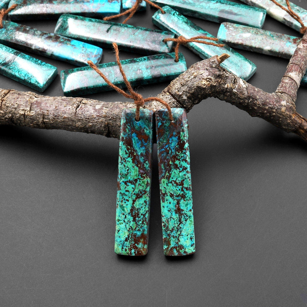Natural Blue Green Parrot Wing Chrysocolla Rectangle Earrings Matched Gemstone Bead Pair A5
