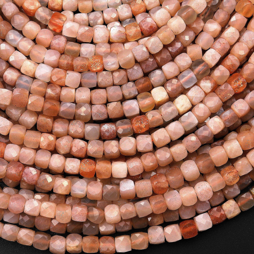 Natural Peach Moonstone Faceted 4mm Cube Beads Gemstone 15.5" Strand